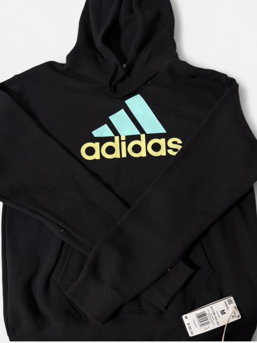 adidas Black Crewneck Hoodie with Aqua Logo and Yellow Wordmark